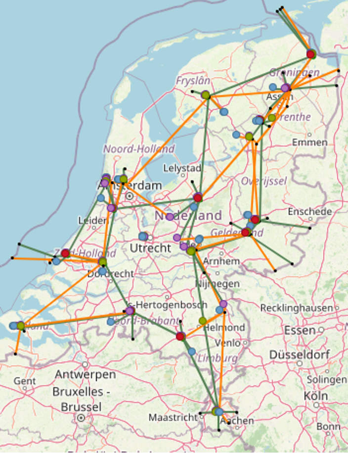 The input network (left) for ConnectInfra (HV electricity (green) and Hydrogen (orange) and the zoom in (right) displays regionalized solar, wind, mobility demand, battery and electrolyzer assets connected to the infrastructure.